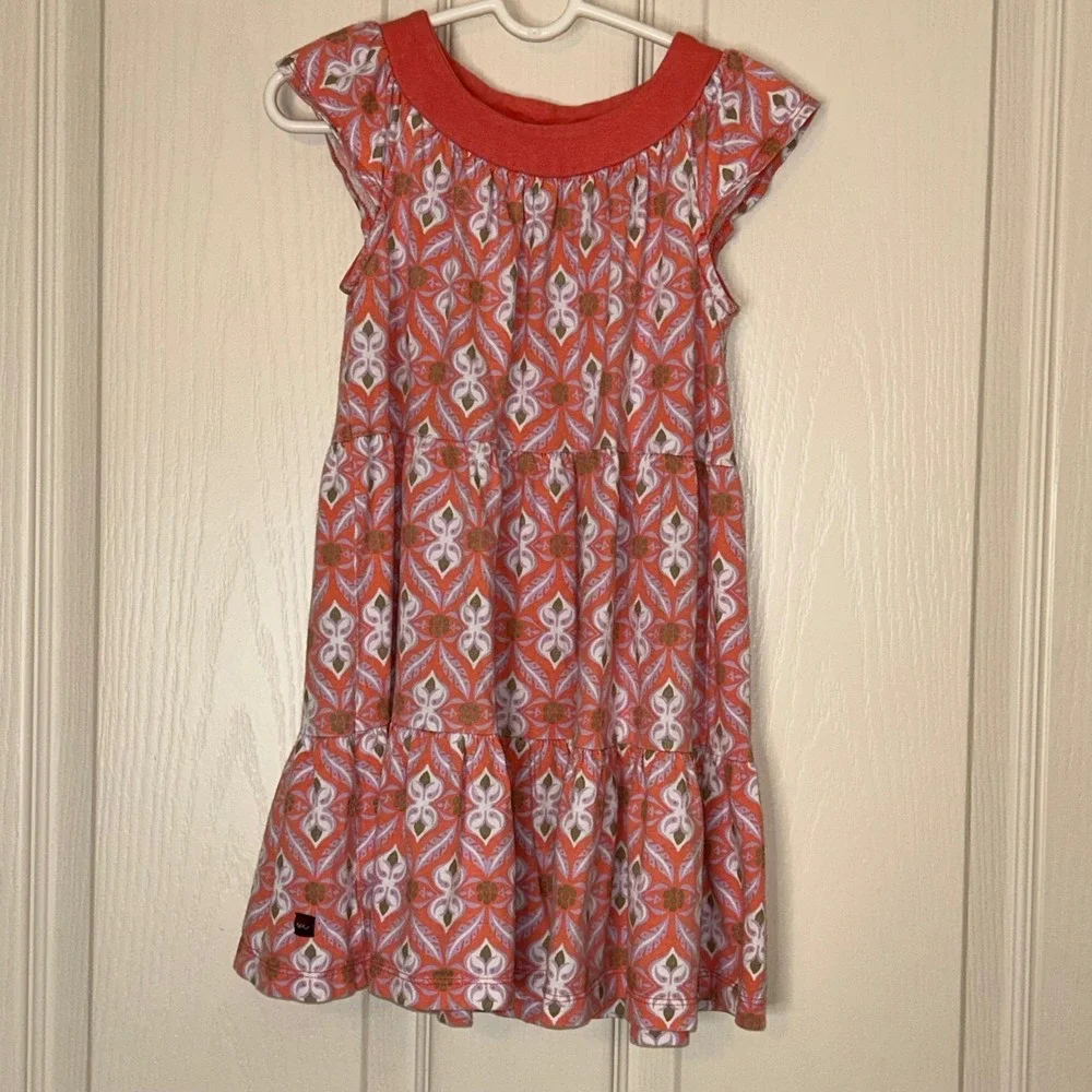 Tea Collection Orange Feather Print Tiered Dress Girls Size‎ 4